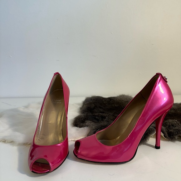 VINTAGE STUART WEITZMAN PINK PATENT LEATHER, PEEP TOE HEELS, SIZE: 7 1/2 - Picture 4 of 11